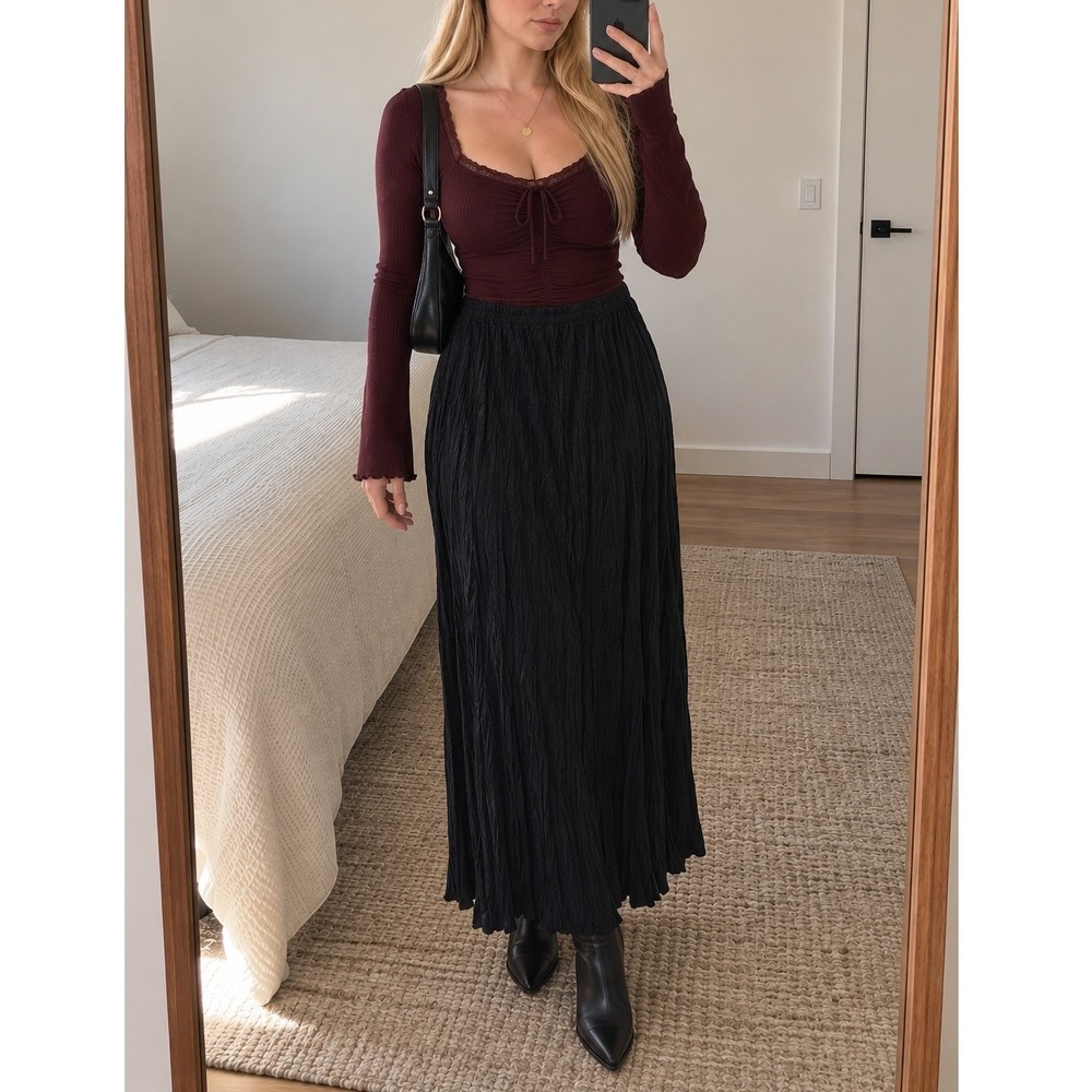 Chicos Womens Maxi Skirt L Black Crinkled Velour Textured Whimsigoth Witchy